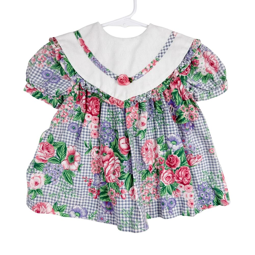 Vtg 90s 12-18 Months Gingham Floral Dress Sailor Collar Purple Youngland